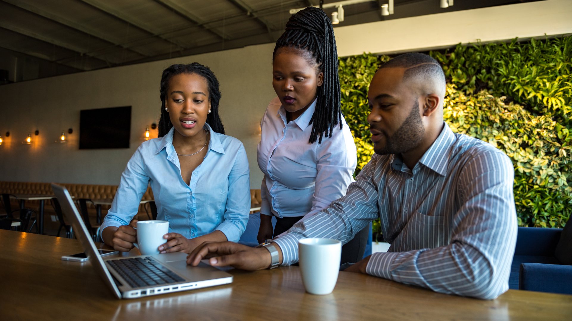 Three colleagues reviewing workforce records together on a laptop